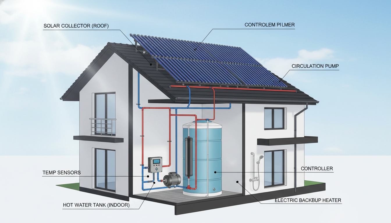 Split solar hot water system diagram showing roof collectors, indoor tank, circulation pump, controller, sensors and backup heater